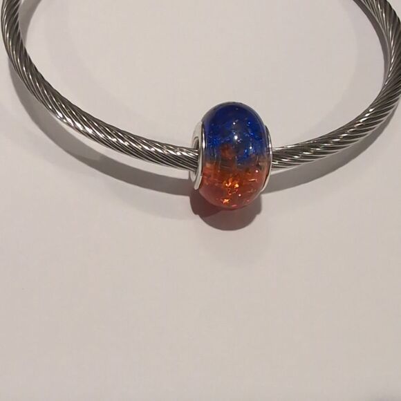 Silver Two Tone "Crushed Glass" Blue and Orange Charm for Pandora Style Bracelet - Picture 1 of 6